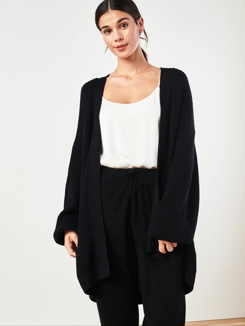NEW Quince Organic Cotton Ribbed Knit Oversized Open Cardigan Black Sz XL Autumn